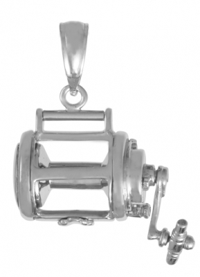 Finest Gold Sterling Silver Polished 3D Moveable Fishing Reel Pendant